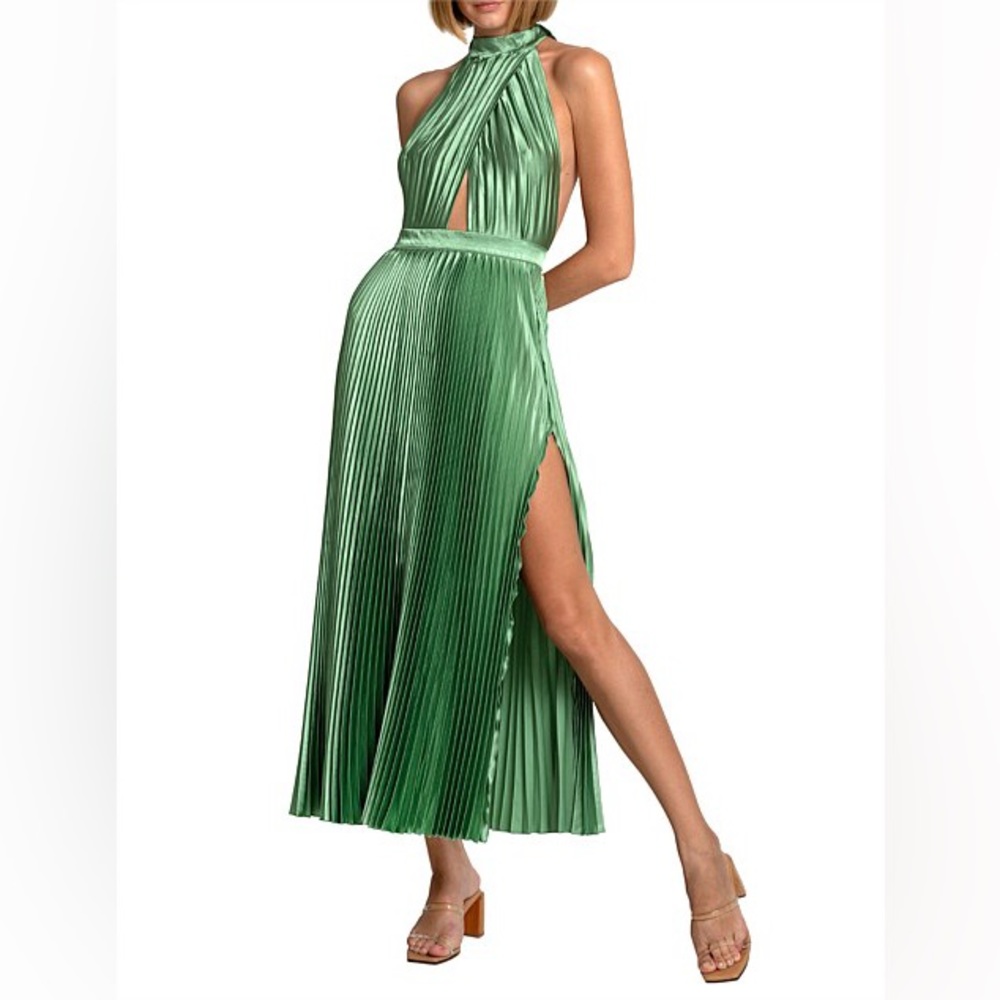 L’idee “Renaissance” pleated, maxi, backless dress in moss green
